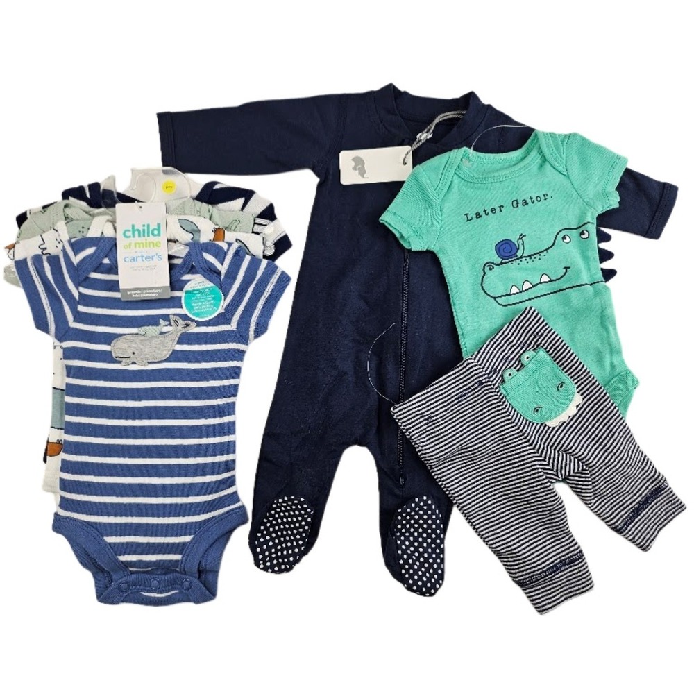 Carter's Preemie Baby Boy Lot Bodysuits Pants Outfit Navy Sleeper 7pc NWT
